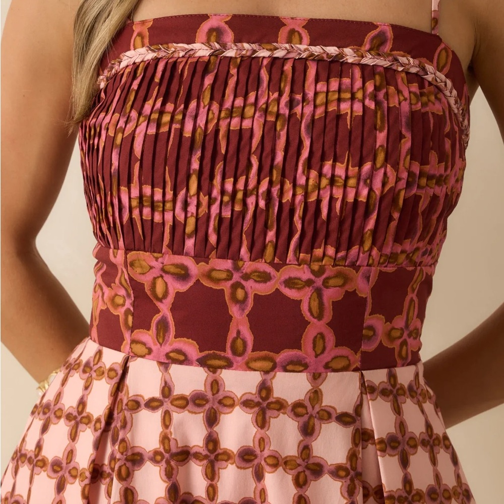 Smocked Bodice Pink Patterned Midi Dress from Red Dress - Picture 3 of 13